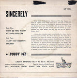 Cat. No. VV 1014: BOBBY VEE ~ SINCERELY. LIBERTY RECORDS LEP 2053.