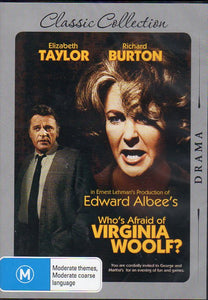 Cat. No. DVDM 2039: WHO'S AFRAID OF VIRGINIA WOOLF? ~ ELIZABETH TAYLOR / RICHARD BURTON / GEORGE SEGAL / SANDY DENNIS. WARNER BROS. Y28014.