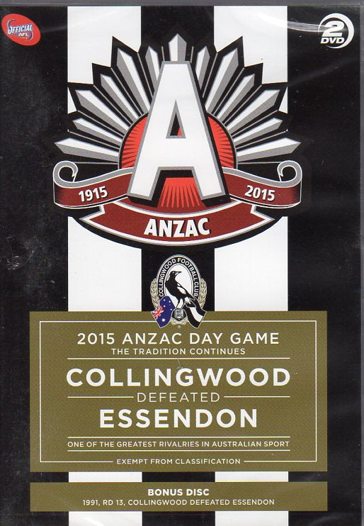 Cat. No. DVDS 1158: 2015 AFL ANZAC DAY GAME - COLLINGWOOD DEFEATED ESSENDON. AFL / SHOCK AFVD667.