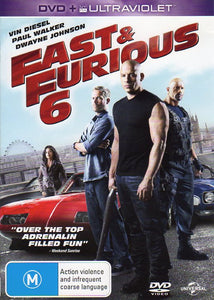 Cat. No. DVDM 1054: THE FAST & FURIOUS #6 ~ VIN DIESEL / PAUL WALKER / DWAYNE JOHNSON / MICHELLE RODRIGUEZ / JORDANA BREWSTER / TYRESE GIBSON / LUKE EVANS / CHRIS "LUDACRIS" BRIDGES. UNIVERSAL DA5659.